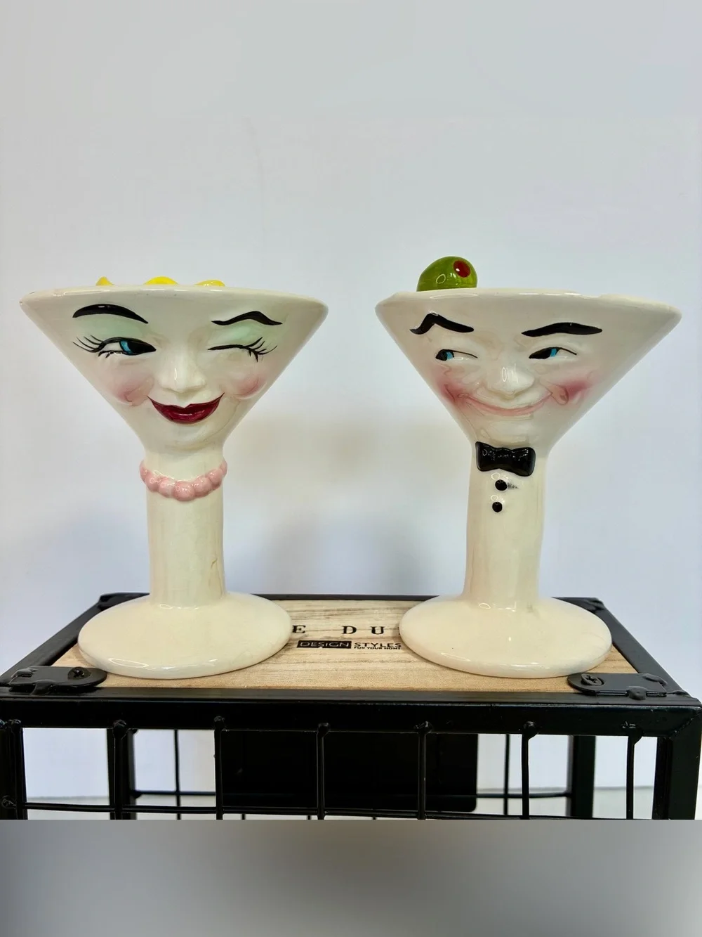 CLAY ART Anthropomorphic Martini Glass Salt Pepper Shaker Set Lady Man Wink Chip